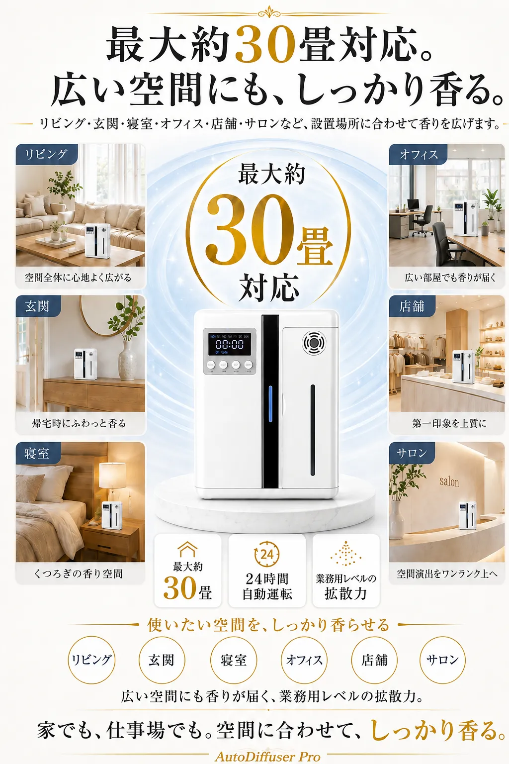 最大約30畳対応 リビング 玄関 寝室 オフィス 店舗 サロンなど広い空間にも香りが届くAutoDiffuser Pro
